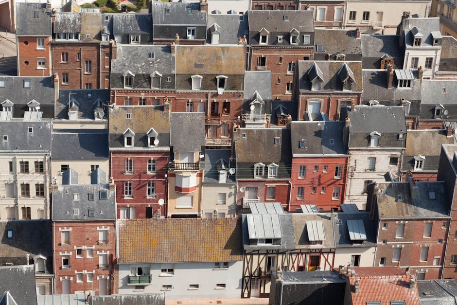 Aerial view of colorful urban townhouses
